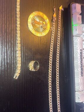 Gold-Tone Cuban Chains with Pendant, Tennis Bracelet & Cluster Ring